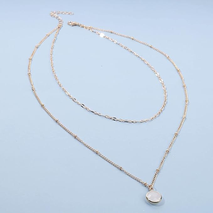 Boho Layered Opal Moonstone Necklace Choker Gold Round Opalite Necklace Clear Quartz Necklace Faceted Crystal Pendant Necklace Chain Jewelry for Women and Girls
