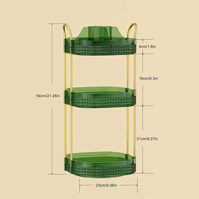 Rotating Makeup Organizer for Vanity 3 Tier, Perfume Organizer with Makeup Brush Holder, Large Capacity Cosmetics Clear Skincare Organizer for Countertop (Green)