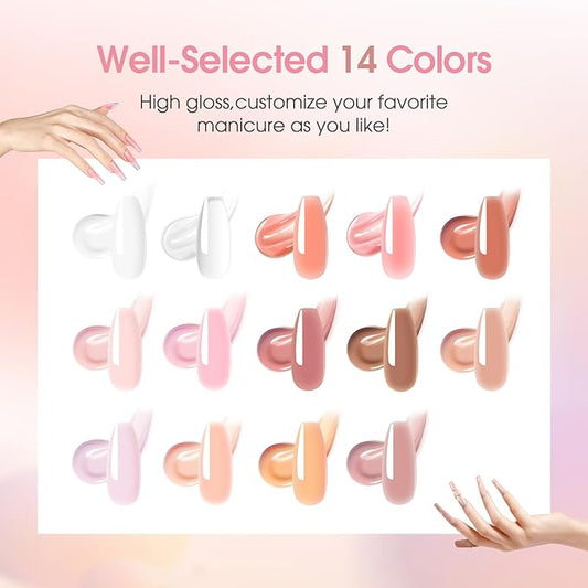 ROSALIND Poly Nail Gel Kit -14 Colors +72 Nail Art Accessories kit Nude Pink Poly Nails Gel Kit Starter Kit with Mini UV Lamp Slip Solution Basic Poly Nail Art Tools for Beginners with Everything
