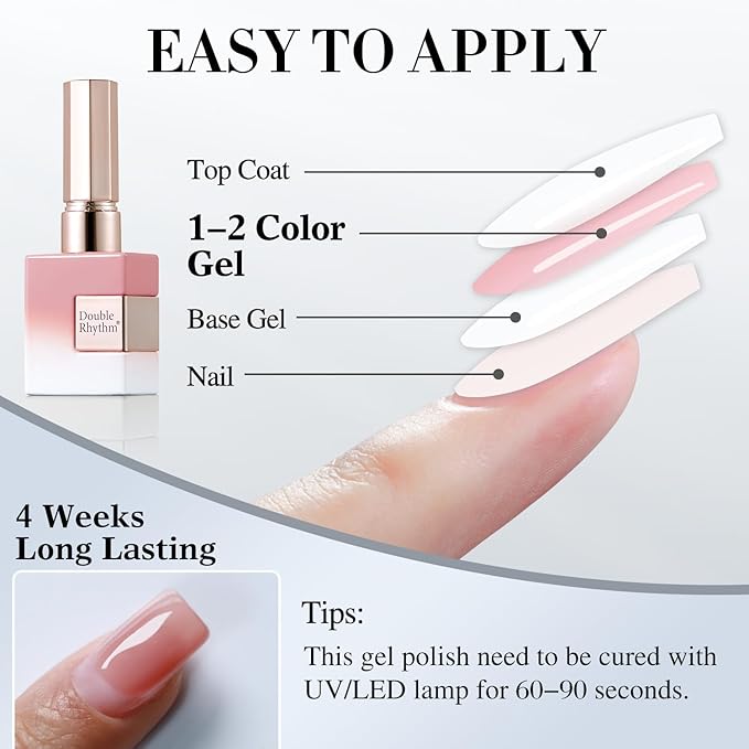 Double Rhythm Translucent Gel Polish Sheer Neutral Natural Light Milky Same Color Same Bottle 15ML Jelly Nail Polish Nail Art DIY at Home (Nude Milky Pink-A1384)