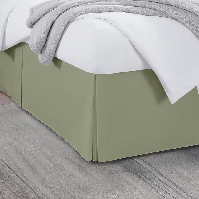 Queen Bed Skirt, Luxury 16 Inch Drop Sage Pleated Bed Skirt, Double Brushed Microfiber, Box Pleat Design, Wrinkle & Fade Resistant, Easy Fit Tailored Bedskirt for Queen Size Beds