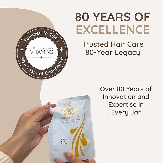 VITAMINS hair cosmetics Keratin Hair Mask - Deep Repair Conditioner with Biotin & Castor Oil - For Damaged, Dry, Curly, Straight, Thin & Fine Hair - Intense Collagen Protein Treatment