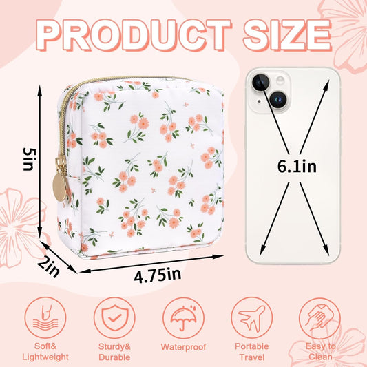 Waterproof Mini Floral Makeup Bag Pouch for Purse,Nylon Flower Cosmetic Travel Bag Small Preppy Toiletry Organizers Bag for Women Girl,Cute Zipper Pouch Coin Purse for Work(Mini White-Flowers)