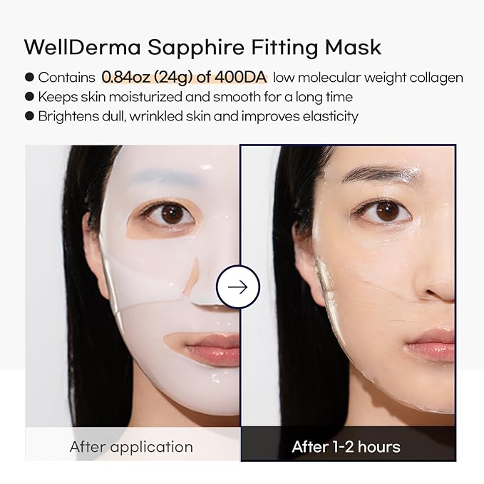 WELLDERMA Sapphire Collagen Face Mask Premium Impact Fitting Overnight Face Mask 8EA-Korean Face Sheet Mask for all skin types-Hydrating facial mask sheets-Patented Structure Hydrogel Type-Niacinamide