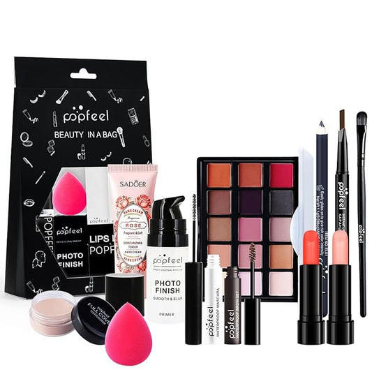 All-in-one Holiday Makeup Gift Set | Full Makeup Kit for Women Multipurpose Essential Bundle Include Eyeshadow Palette Lipstick Blush Concealer Face Powder Eyeliner Mascara Lipgloss Brush
