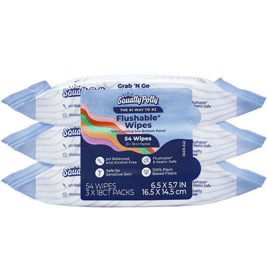 Squatty Potty Flushable Wipes for Travel or On the Go - 3 Pack (54 Total Wipes) - 99% Water & Plant-Based - Green Tea, Cucumber & Aloe Spa Scent - pH Balanced - Septic Safe Adult Wet Wipes