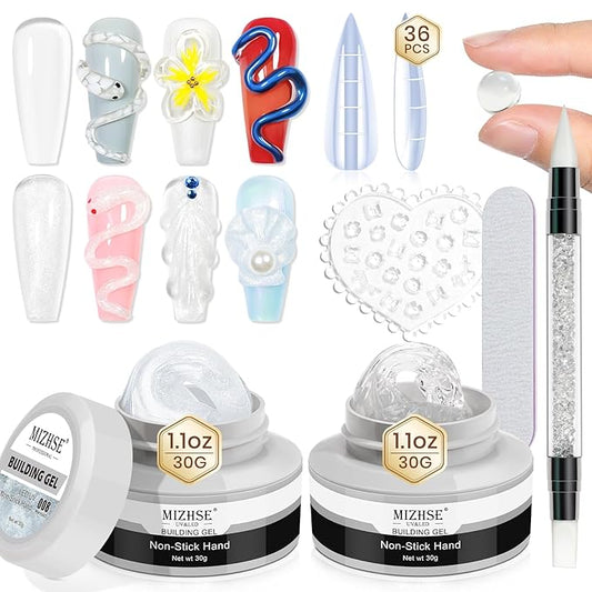 MIZHSE Solid Builder Gel for Nails Kit: 2PCS 30g 3D Pearl White & Clear Hard Gel for Nailswith Nail Forms 3D Silicone Mold Soak off U V LED Builder Gels for Extension Home Manicure