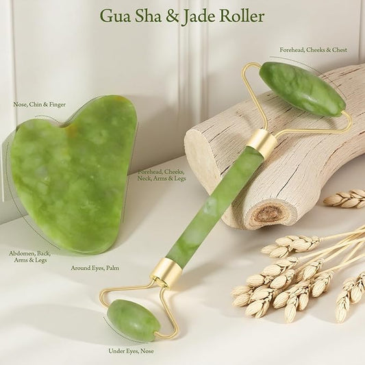 Real Perfection Gua Sha Facial Tools Face Roller for Wrinkles Jade Roller and Gua Sha Set, Scrubber Pore Brush Headband Skin Care Tools for Travel Skincare Routine Massaging Reducing Puffiness - Green