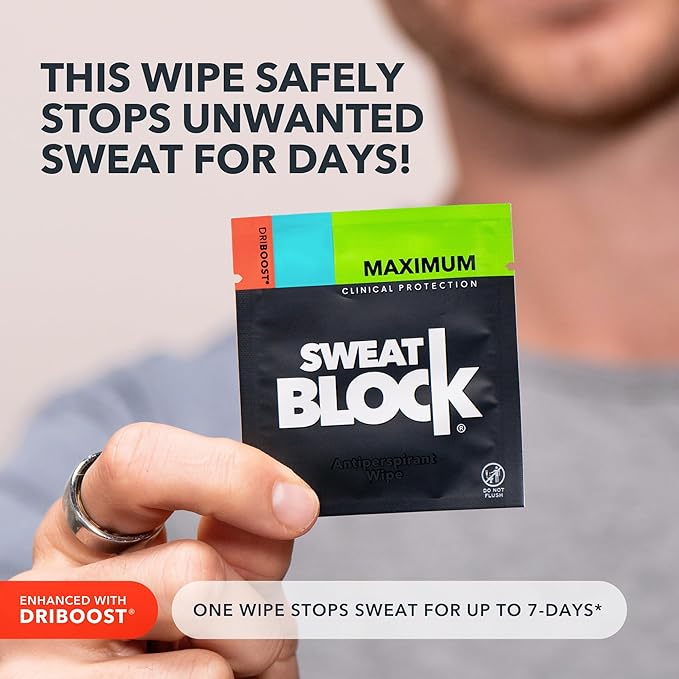 SweatBlock Clinical Strength Antiperspirant Wipes for Men and Women Excessive Sweat Protection Hyperhidrosis Treatment Stops Underarm Perspiration Up to 7 Days Includes 10 Individually Wrapped Wipes