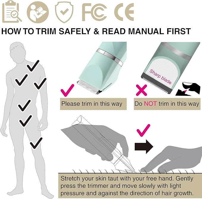 Waterproof Bikini Trimmer Women Electric Razor for Pubic Hair Women's Foil Shaver Rechargeable Shaver Removal with Snap-in Ceramic Blades IP7X Washable Head,Wet and Dry Use,Green