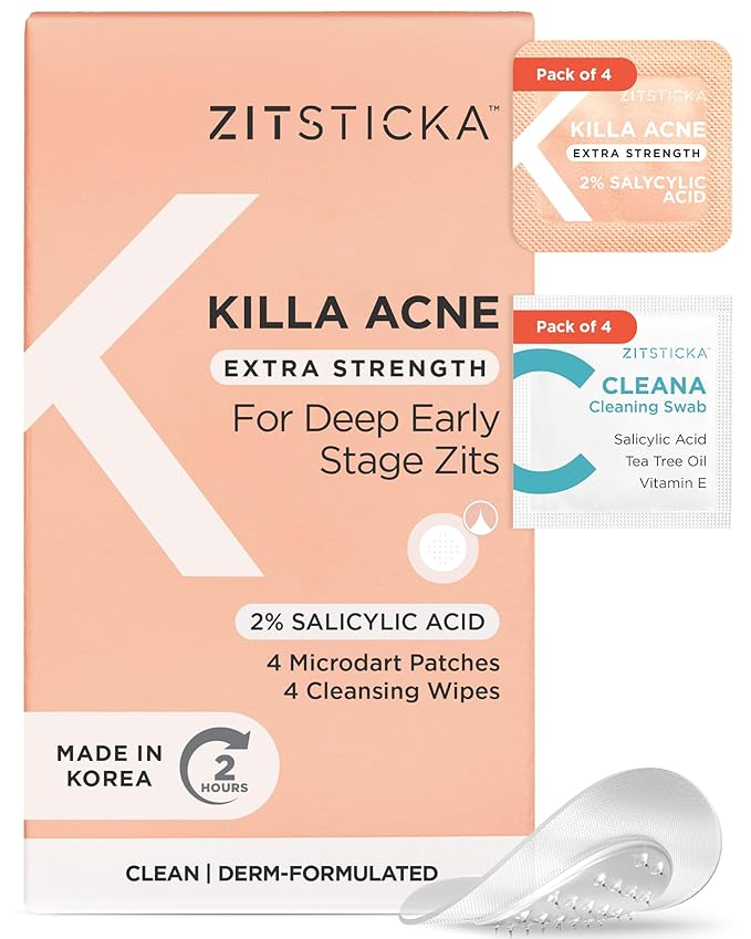 ZitSticka Extra Strength Killa Acne Patches for Face - World's Most Potent Pimple Patch with Fast-Acting Microdarts - Starts Working within 2 Hours for Deep, Early-Stage Zits & Blemish - 4 Count