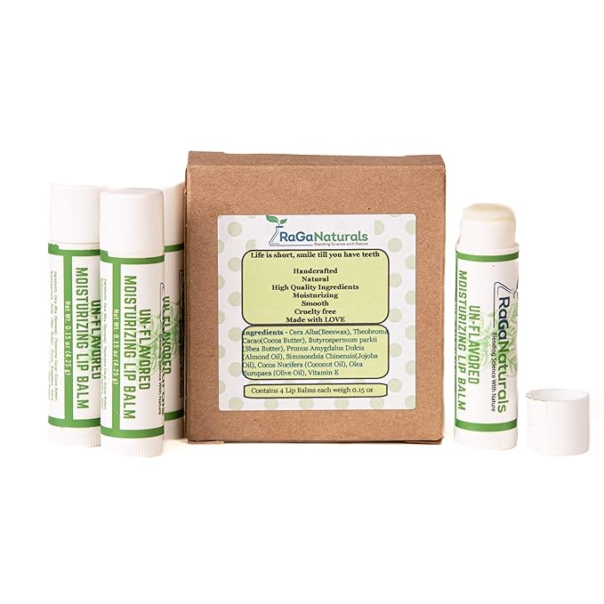 Unscented Lip Balm - 100% Natural Fragrance Free Moisturizing Lip Care for All Day Hydration - Original Beeswax, Shea Butter, Jojoba Oil, Vitamin E Infused - Pack of 4