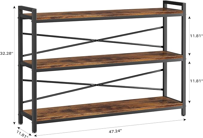 3 Tier Bookshelf 47.24" Width, Wood and Metal Etagere Bookcase, Vintage Farmhouse Modern Wooden Large Book Shelf for Home Living Room Bedroom Office Storage(Rustic Brown)