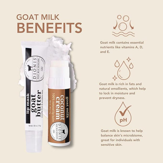 Dionis Goat Butter Overnight Lip Mask & Lip Balm Kit - Goat Milk, Jojoba & Moringa Oils Moisturize & Repair Chapped Lips Overnight while Lip Balm Keeps Moisture Locked In All Day, Creamy Coconut