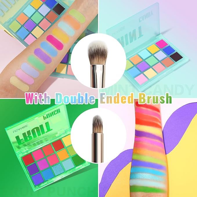 UCANBE Colorful Eyeshadow Palette Makeup Set, 2pcs 15 Shades Matte Shimmer Vibrant Neon Rainbow Pastel Eye Shadow Pallet with Soft Double Ended Brush, Summer Vibe Pigmented Blendable Eye Make Up Kit