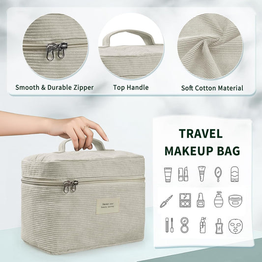 4 Pcs Makeup Bag for Women Corduroy Cosmetic Bag Aesthetic Cute Bags Multi Size Purse Pouch Travel Toiletry Bag Set Makeup Organizer with Zipper(Beige)
