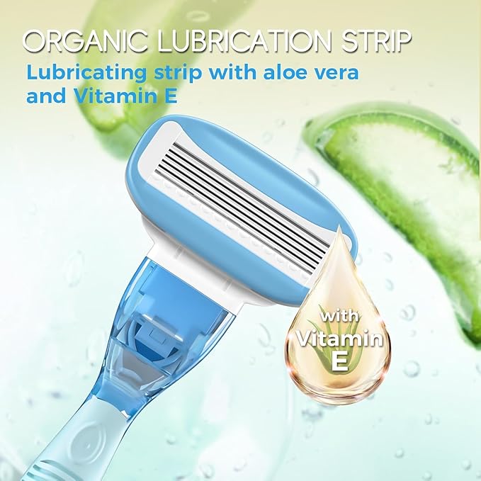Razors for Women with 4 Razor Refills and 1 Non-Slip Handle, Womens Razors for Shaving with Organic Lubricating Strip, Disposable Razor with 5 Blades (Sky Blue)