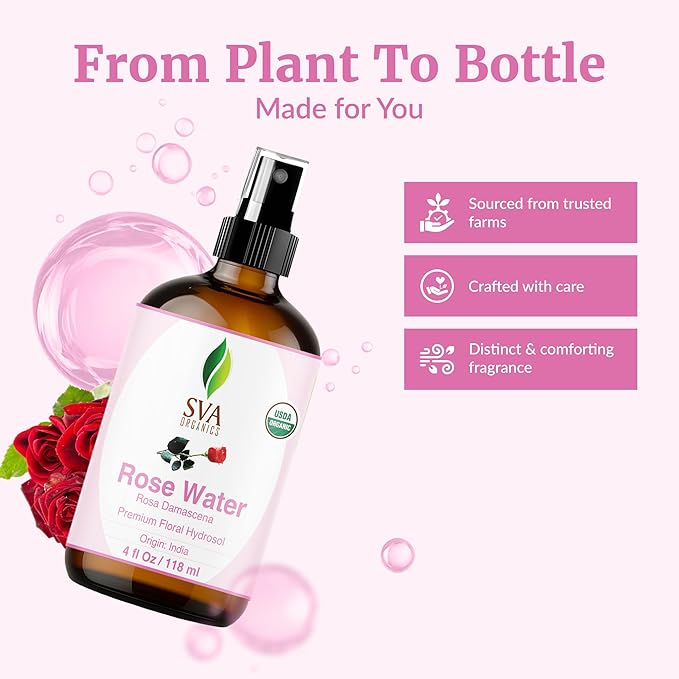 SVA ORGANICS Rose Water 4oz (118 ml) Refreshing Rose Water Spray for Skin Care, Skin Hydration, Bath, Soaps, Haircare & Aromatherapy