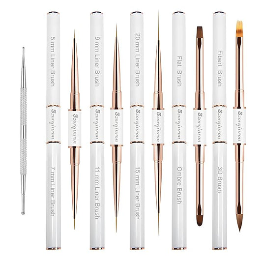 Nail Art Bushes Set, Professional 5Pcs Double-Ended Nail Brush Kit for Details, Long Lines, Ombre & 3D Design-Perfect for DIY Manicures & Salons (White)