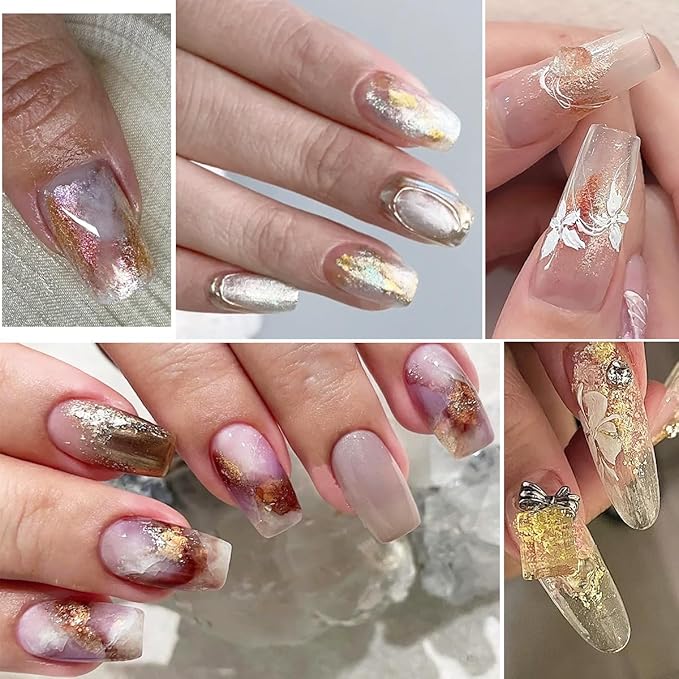 Metallic Nail Art Glitter Set, 6 Colors Gold Flakes for Nails, Mud Texture, Gold Leaf Chameleon Chrome Flakes, Golden Foils Nail Art Decoration, Professional Manicure Supplies