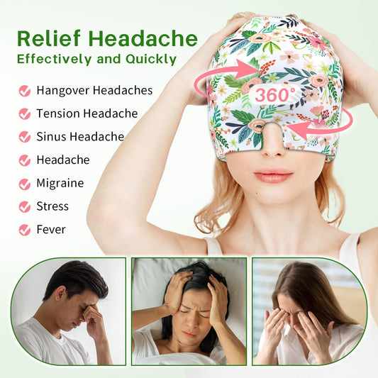 ZNÖCUETÖD Migraine Headache Relief Cap Hat, Head ice Pack Wrap Cooling Gel Ice Beanie Cold Cap Hot/Cold Compress Therapy for Sinus, Stress, Tension, Head Pain Relief - Reusable Men & Women (White)