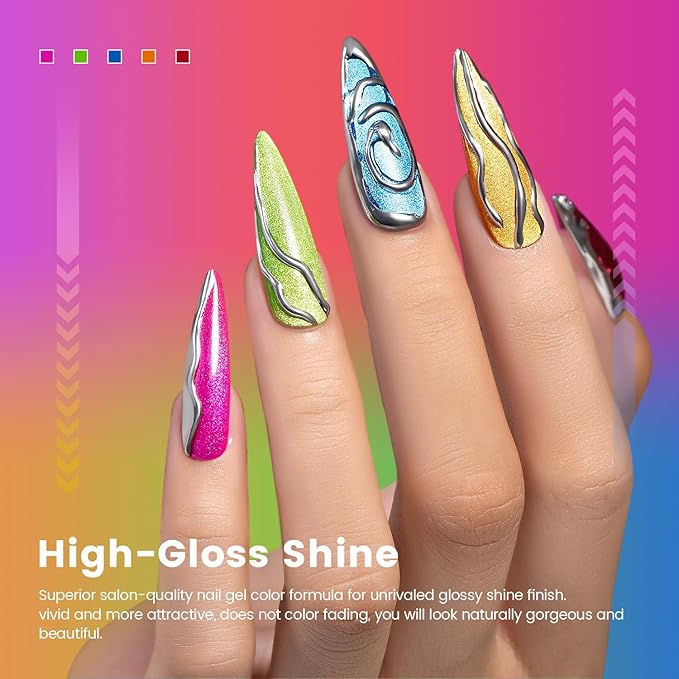 RARJSM 9D Neon Cat Eye Gel Nail Polish Set 6 Colors Velvet Silver Glitter Bright Orange Blue Red Green Rose Purple Ice Gel Polish with Magnet Stick UV LED Curing Requires Soak Off Home Salon Diy