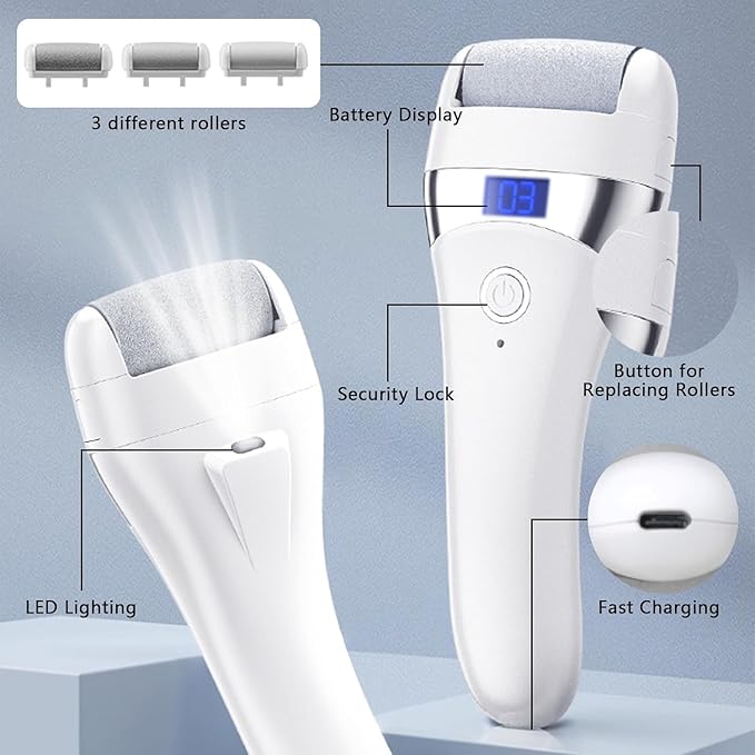 Upgraded Electric Foot Callues Remover, Portable Electric Foot Files with 3 Heads, Rechargeable Feet File for Foot Care, Waterproof Deadskin Remover, Pedicure Tool for Dry and Crack Feet