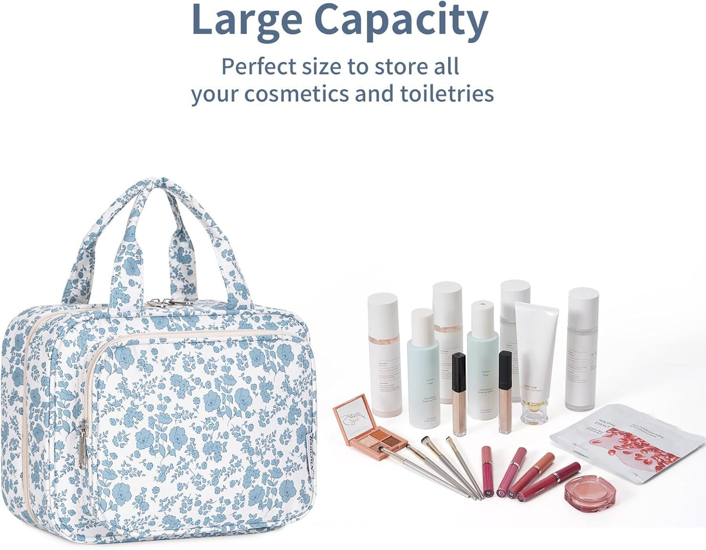 Narwey Hanging Floral Toiletry Bag for Women Travel Makeup Bag Organizer Toiletries Bag for Travel Size Essentials Accessories Cosmetics (Little Blue Flower (Medium))