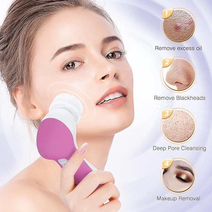 COSLUS Facial Cleansing Brush Silicone Face Scrubber: 2 in1 FBS-D Electric Exfoliating Device Waterproof Deep Cleaning Exfoliation Rotating Spa Machine - Electronic Skincare Wash Spinning System
