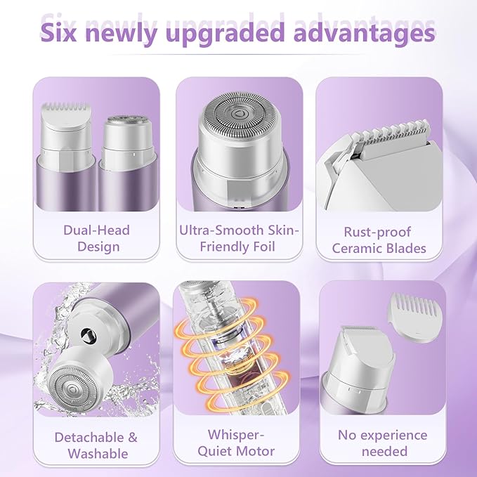 Women's Electric Shaver Waterproof IPX8 Bikini Tnimmer Body Hair Remover/Razors for Women Skin Cordless Rechargeable Razor for Legs underarms pubic Hair Facial Hair Removal for Women