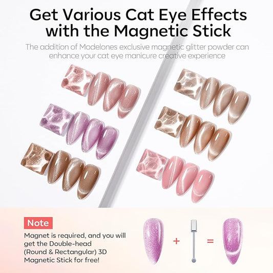 modelones Cat Eye Gel Nail Polish 6 Colors Nude Pink Brown Purple Cat Eye Nail Polish Glitter Semi-transparent Holographic 9D With Magnet Pastel All Seasons Soak Off Led Nail Art DIY Salon Gifts