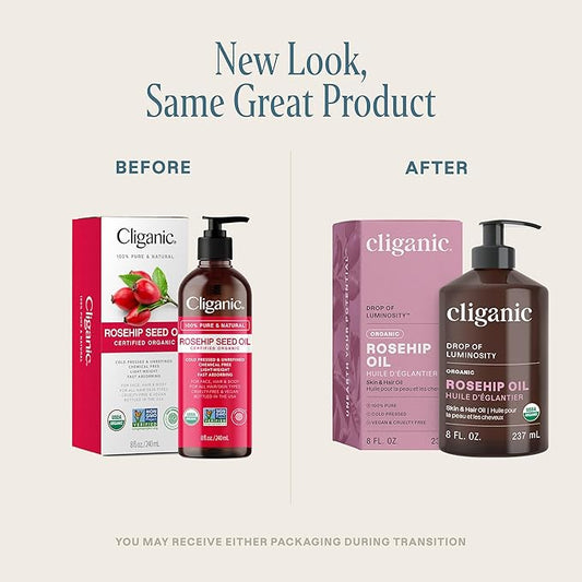Cliganic Organic Rosehip Seed Oil for Face, 100% Pure | Natural Cold Pressed Unrefined Non-GMO | Carrier Oil for Skin, Hair & Nails (Packaging May Vary)