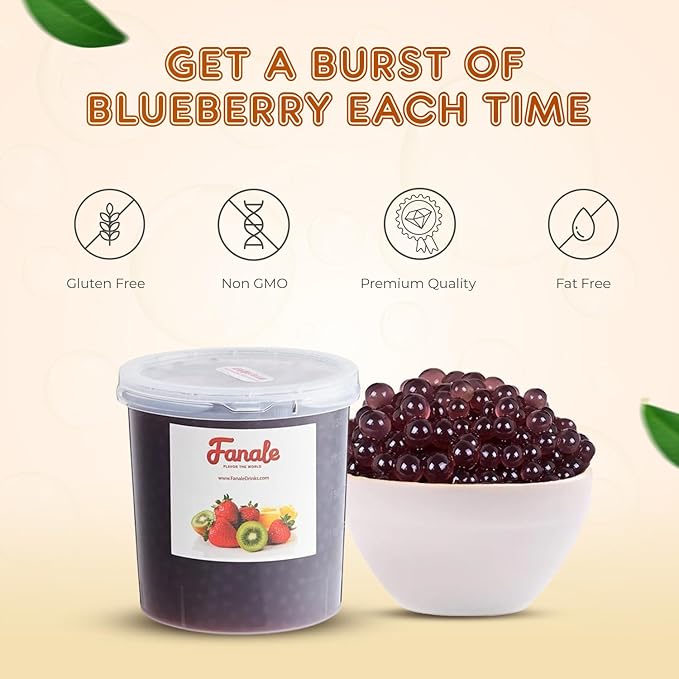Fanale Blueberry Popping Boba Pearls, Vegan, Non GMO, Gluten Free, Fat Free, Perfect for Bubble Tea, Smoothies, Ice Cream, Desserts, and Beverages.
