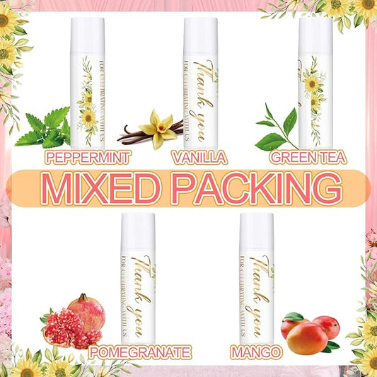 Dunzy 50 Pcs Thank You Gift Lip Balm Bulk Baby Shower Party Favors Bridal Shower Favor Lip Care with Assorted Fruit Flavors Thank You Lipstick for Guest Basket Gift Stuffer (Sunflower)