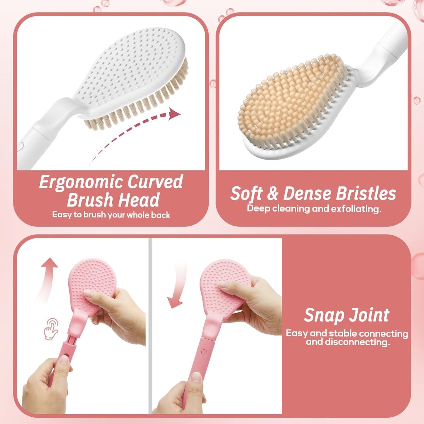 Back Scrubber for Shower, 19’’ Detachable Long Handle Shower Body Scrubber for Wet or Dry Brush, Adjustable 2-in-1 Back & Body Brush with Medium Soft Bristles for Deep Cleaning(Pink)