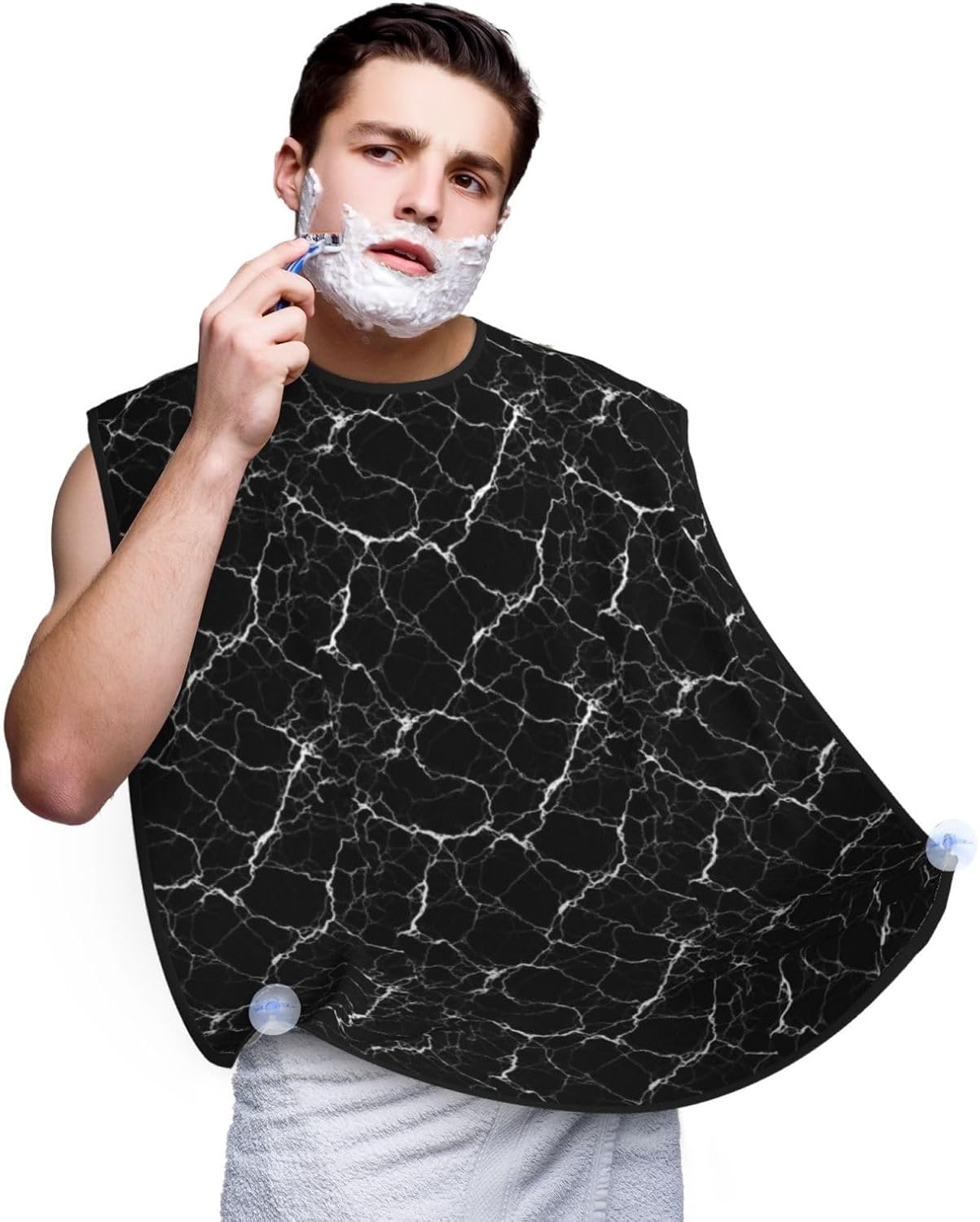Non-Stick Beard Shaving Bib, Hair Catcher Apron with Suction Cups, Waterproof Grooming Tool for Men Husband, Black Marble Texture Shave Bib