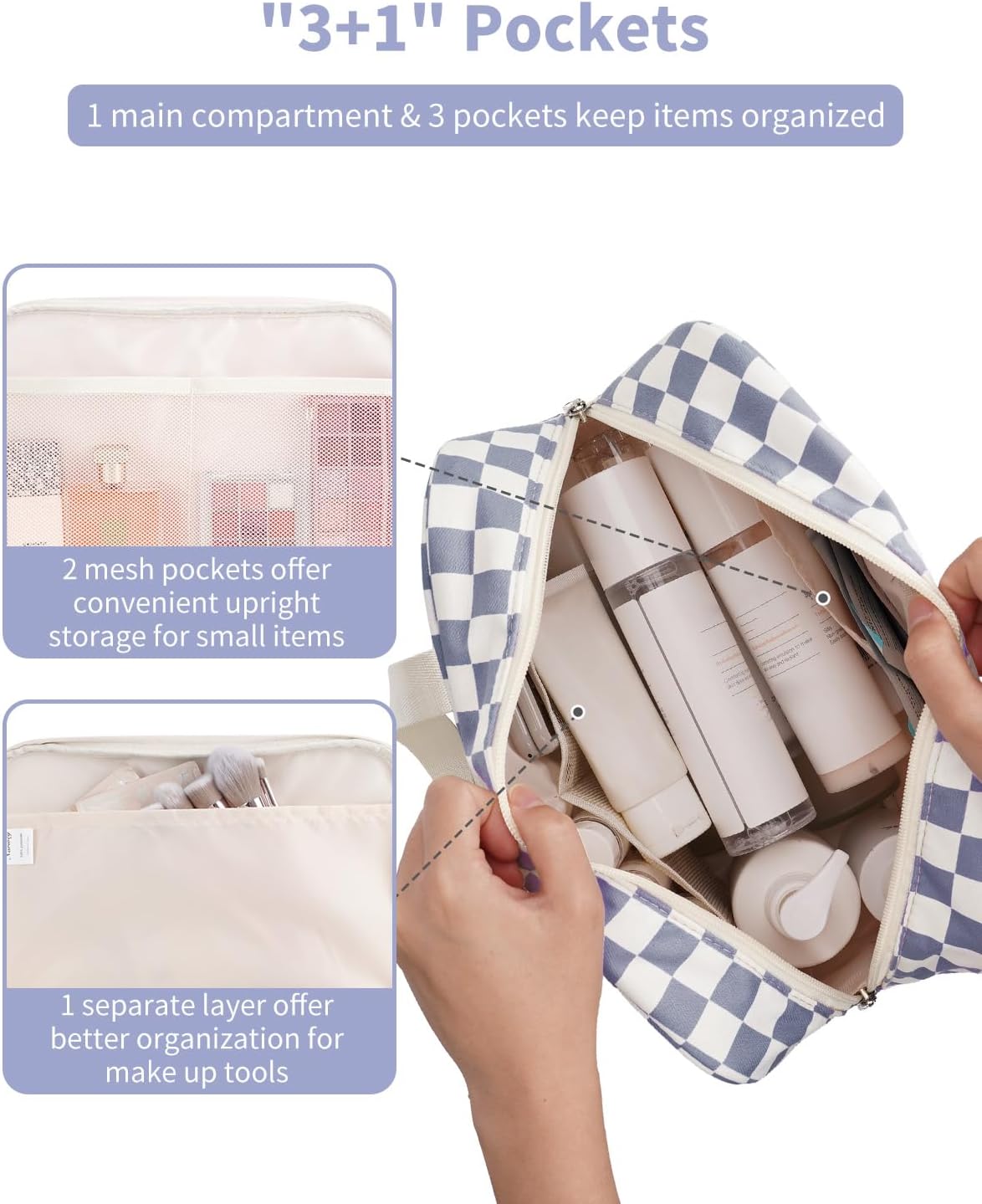 Narwey Large Toiletry Bag Women Large Cosmetic Bag Travel Makeup Bag Organizer Medicine Bag for Toiletries Essentials Accessories (Grayish Blue Checkerboard)
