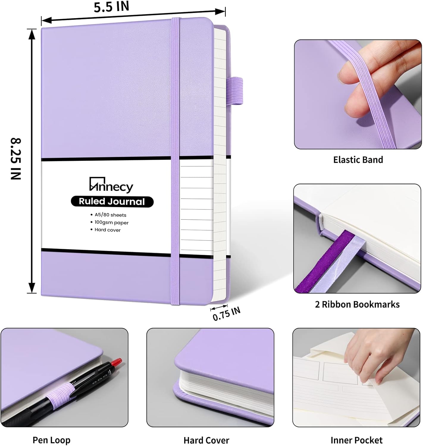 Annecy Lined Journal Notebook, Hardcover Numbered College Ruled Journal, Medium 5.5x 8.25, 160 Pages 100GSM Writing Paper, Purple