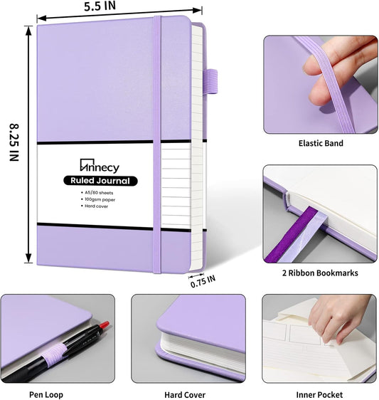 Annecy Lined Journal Notebook, Hardcover Numbered College Ruled Journal, Medium 5.5x 8.25, 160 Pages 100GSM Writing Paper, Purple