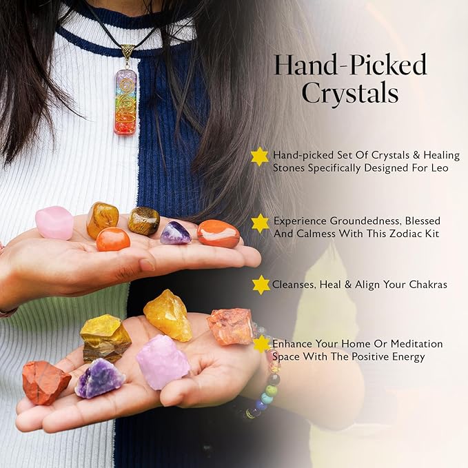 NARIBABU Leo Crystal Gift - Zodiac Crystals - Healing Crystal Pendant & Bracelet - Leo Horoscope Gifts - Zodiac Crystals for Beginners - Good Luck Birthstones Crystal Kit