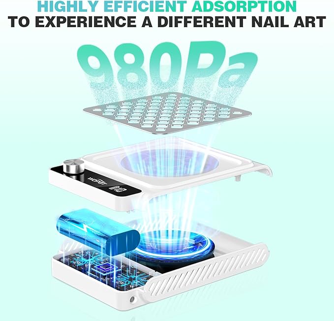 Rechargeable Nail Dust Collector, 980PA Portable Cordless Nail Vacuum Dust Collector Fan with Filter Papers (30 Pcs) for Acrylic Nail Polishing & Manicure Pedicure at Nail Salon & Home - White