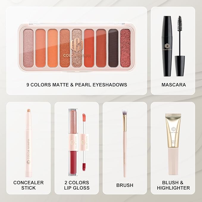 Color Nymph All In One Makeup Kit For Teens And Girls With Waterproof Handbag Makeup Kit Included 9 Colors Matte And Pearl Eyeshadow Palette Liquid Blush, Double Ended Lipgloss Concealer Brush Mascara