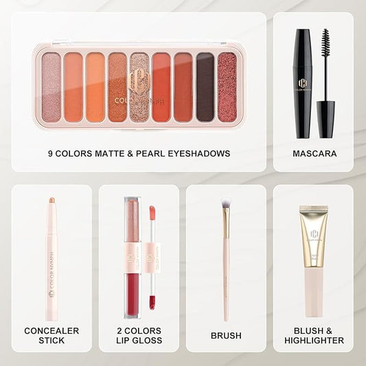 Color Nymph All In One Makeup Kit For Teens And Girls With Waterproof Handbag Makeup Kit Included 9 Colors Matte And Pearl Eyeshadow Palette Liquid Blush, Double Ended Lipgloss Concealer Brush Mascara