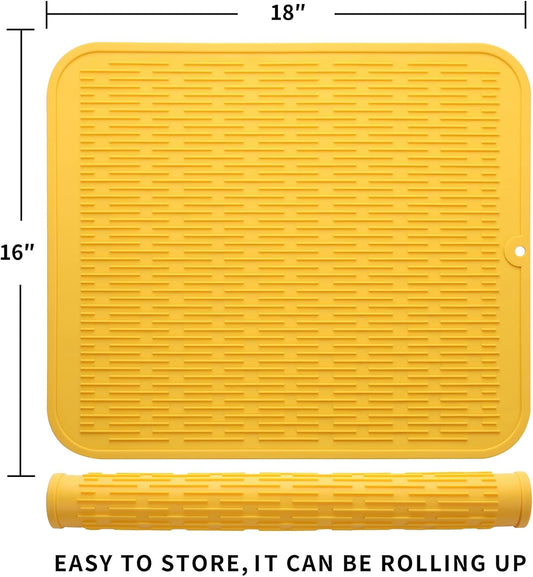 Silicone Dish Drying Mat for Multiple Usage,Easy clean,Eco-friendly,Heat-resistant Silicone Mat for Kitchen Counter or Sink,Refrigerator or Drawer Liner Yellow XL 18 inches x 16 inches