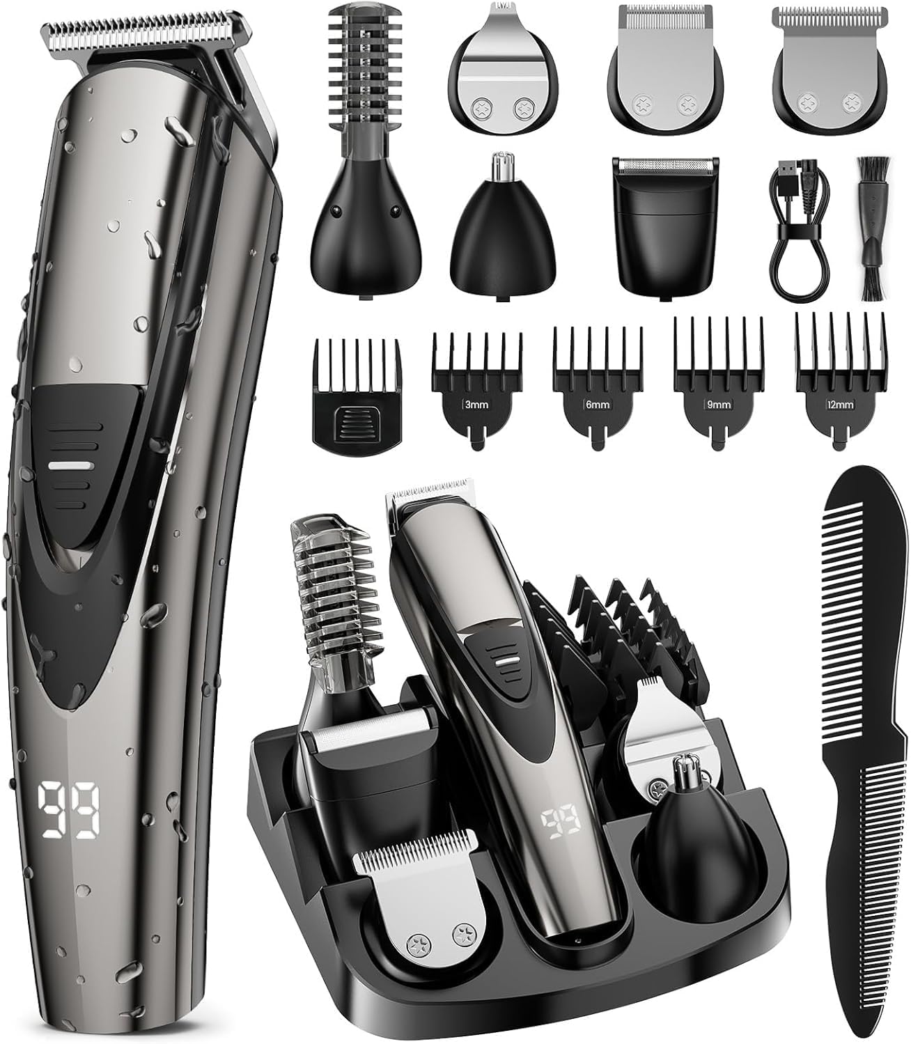 Beard Trimmer for Men: Professional Barber Hair Clippers - 16-in-1 Cordless Grooming Kit - Waterproof Electric Razor with Turbo Speed & Precision Blades