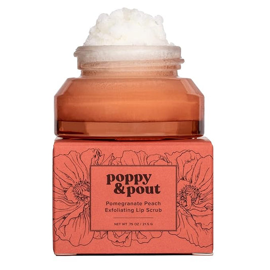 Poppy & Pout Natural Lip Scrub, Moisturizing Sugar Scrub for Dry Lips, Lip Scrubber Exfoliator with Essential Oils Smooths and Hydrates Lips, In Recyclable Glass Jars, Cruelty Free - Pomegranate Peach
