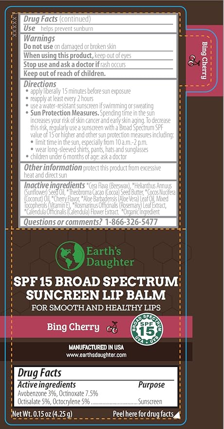 SPF Lip Balm 4-Pack by Earth's Daughter - Lip Sunscreen, SPF 15, Organic Ingredients, Cherry Flavor, Beeswax, Coconut Oil, Vitamin E - Hypoallergenic, Paraben Free, Gluten Free