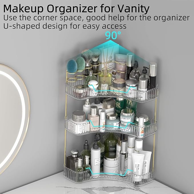 Makeup Organizer Countertop 3 Tier, Corner Bathroom Countertop Organizer with Toothbrush and Makeup Brush Holder, Corner Vanity Tray for Skincare Organization