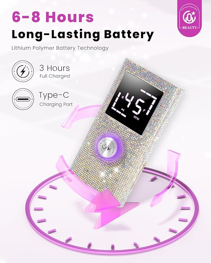 CozyZen Cordless Electric Nail Drill, 45000 RPM Rechargeable Diamond E-File, Portable & Low Noise for Acrylic/Gel Nails, Manicure & Pedicure - Professional & Home Use