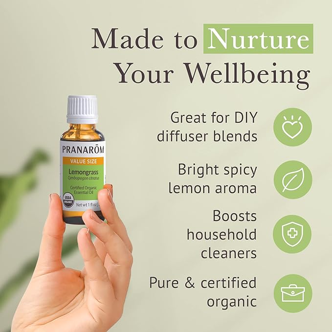 Pranarom USDA Certified Organic Lemongrass Essential Oil (30ml), 100% Pure Undiluted Therapeutic Grade from India for Aromatherapy, Diffuser, Meditation, Massage, Relaxation, Citrus - Lemon